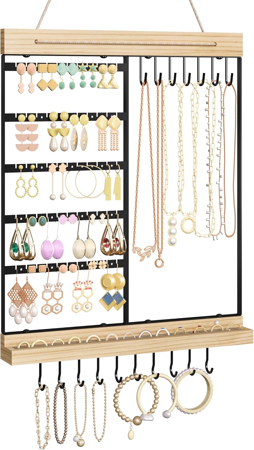 Feyejade Hanging Jewelry Organizer, 5-Tier Wall Earring Holder with Wooden Ring Groove, Jewelry Rack Wall Mounted for Earrings, Necklaces, Bracelets and Rings, Jewelry Holder Stand, Black