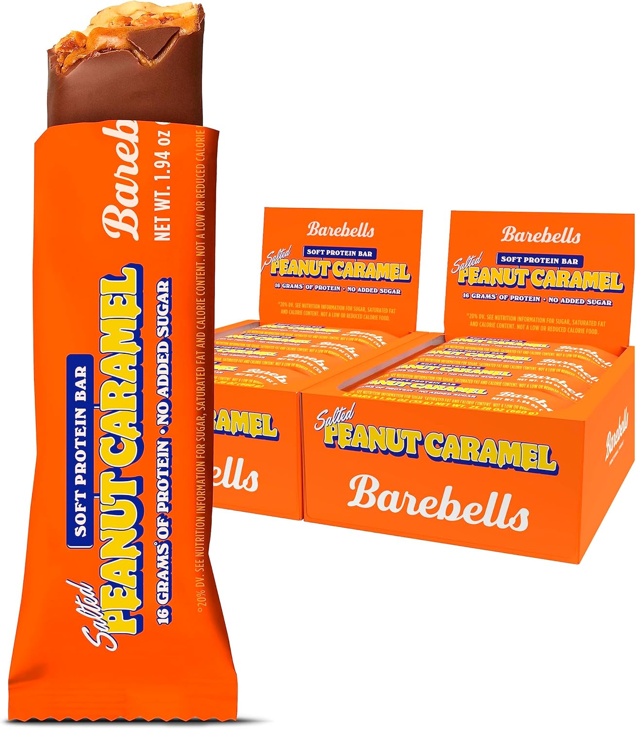BAREBELLS Soft Protein Bars Salted Peanut Caramel - 12 Count, Pack of 2 - Protein Snacks with 16g of High Protein - Chocolate Protein Bar with 2g of Total Sugars - Soft Protein Snack & Breakfast Bars