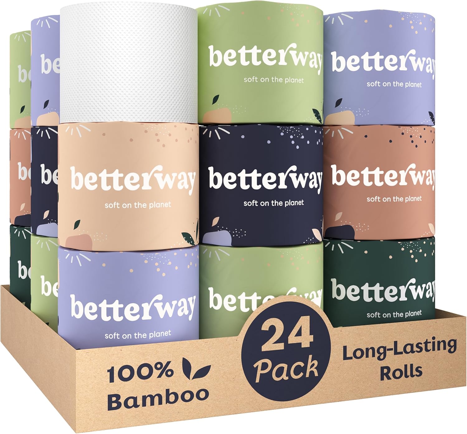 Betterway Bamboo Toilet Paper 3 Ply - Sustainable Toilet Tissue - 24 Long-Lasting Rolls & 360 Sheets Per Roll - Septic Safe - Organic, Plastic & PFAS Free - FSC Certified
