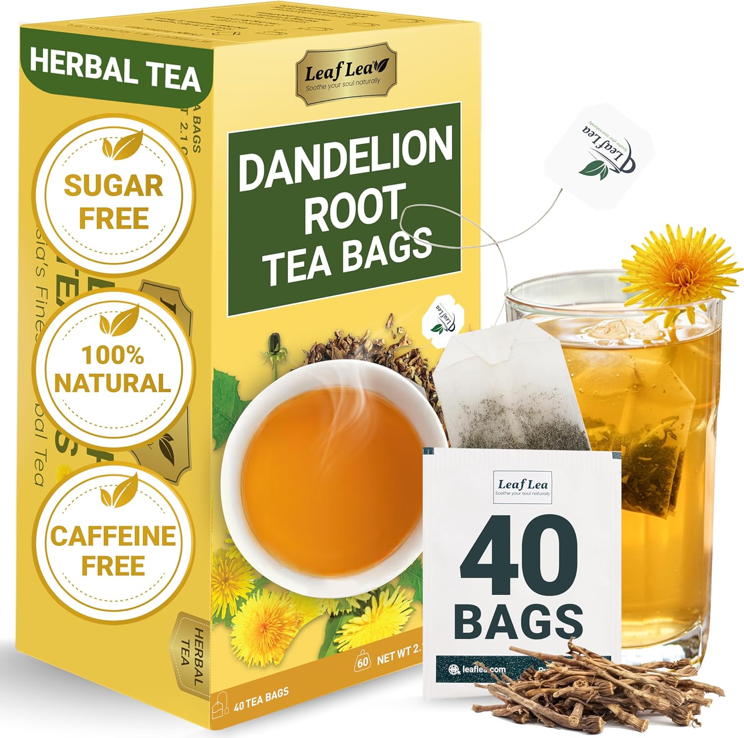 LeafLea 40 Dandelion Root Tea Bags, Dandelion Tea Supports Wellness and a Balanced Lifestyle, Natural Dried Dandelion Root, Vegan, No Sugar, Caffeine-Free
