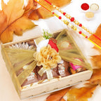 Ghasitaram Gifts Jaiccha Rakhi Gifts for Brothers Wooden tray of Kaju Katli, 5 Mewa Bites and 2 Jars of Flavour Raisins and Crunchy Cashews with 2 rakhis