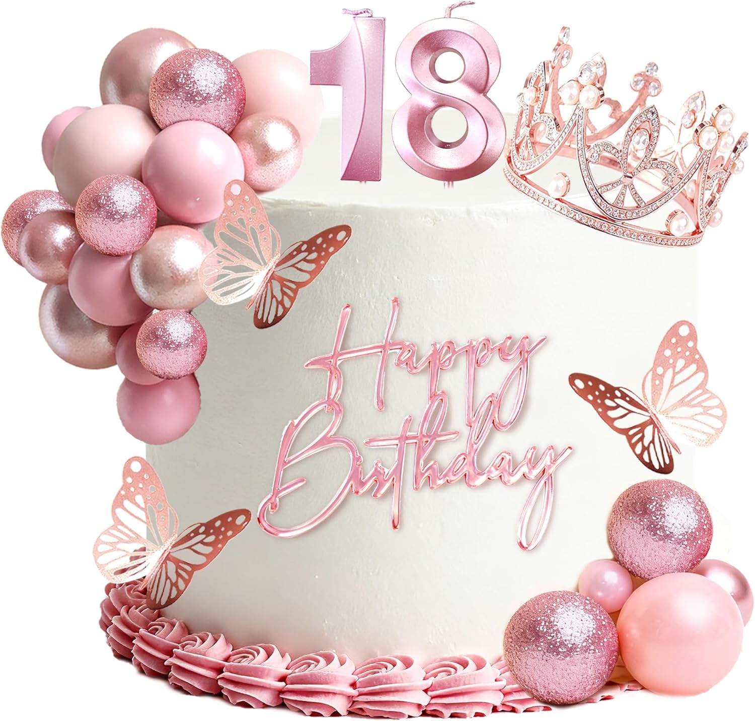 18th Birthday Cake Topper Set, Rose Gold Balls Cake Toppers with Happy Birthday Crown Tiara, Numeral 18 Candle and Birthday Candles for 18 Birthday Party Decorations (18th)