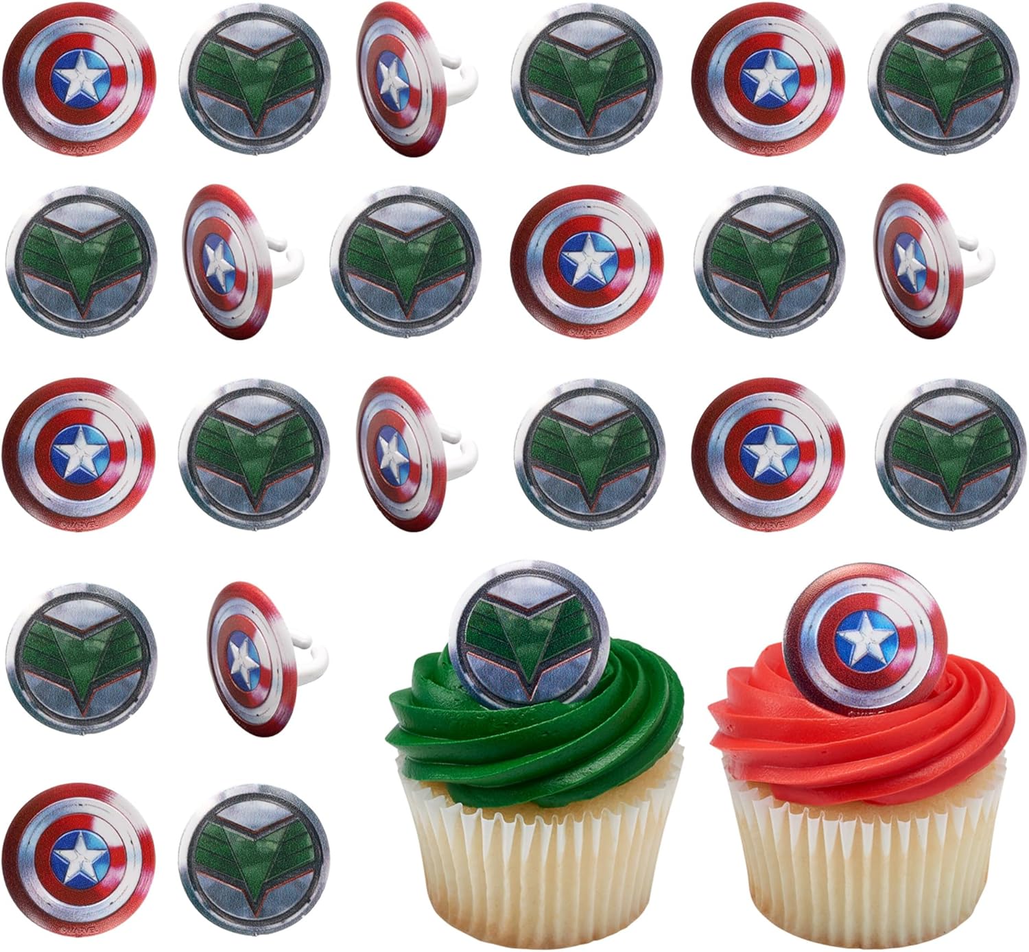 Marvel Studios' Captain America: Brave New World Cupcake Rings, 24 Captain America & Falcon Cupcake Decorations, Food Safe Cake Toppers, Party Favors – 24 Pack