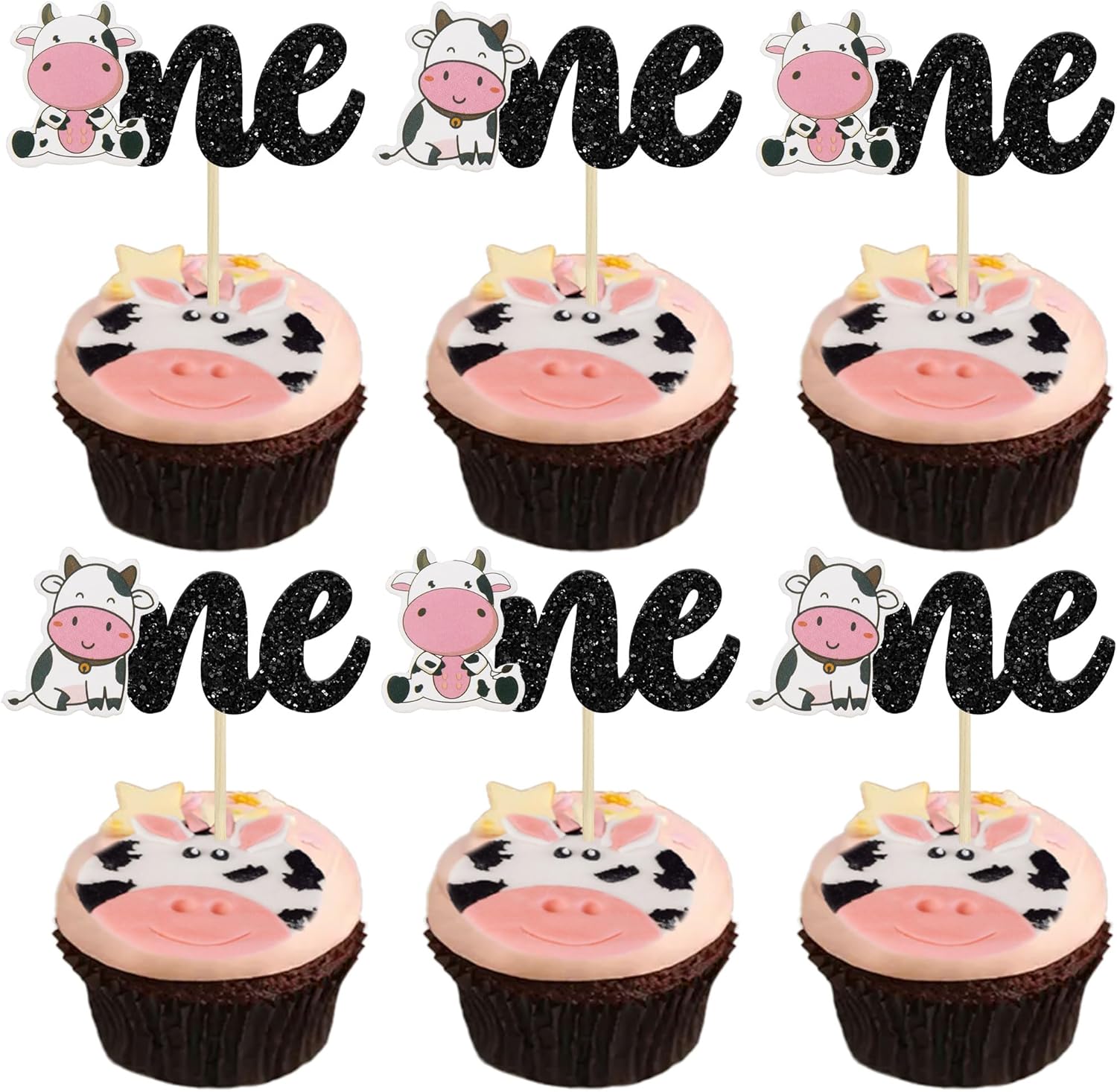 Gyufise 24Pcs Cow One Cupcake Toppers Glitter Farm Animals First Birthday Cupcake Picks Decorations for Baby Shower Kids Boys Girls 1st Birthday Party Supplies