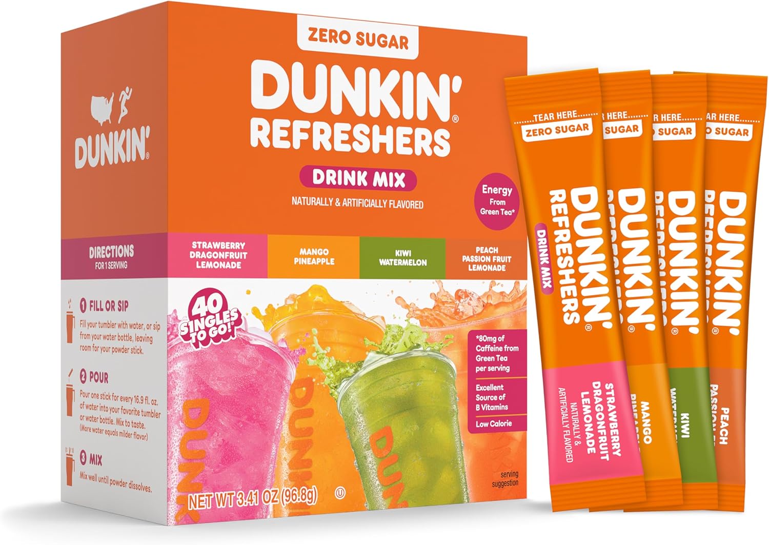 Dunkin’ Zero Sugar Refreshers Singles To Go! Powdered drink mix packets, 40 Ct Variety Pack, 40 Single serve Packets per Box (40 servings), Energy from Green Tea, aspartame-free, no synthetic colors, naturally and artificially flavored, just add water
