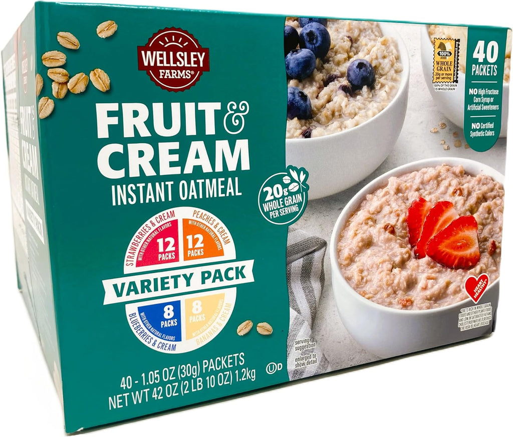 Wellsley Farms Fruit And Cream Instant Oatmeal 40 Pack Variety. (8x Banana, 12x Peach, 8x Blueberry, 12x Strawberry) Heart Healthy. No High Fructose Corn Syrup or Artificial Sweeteners.