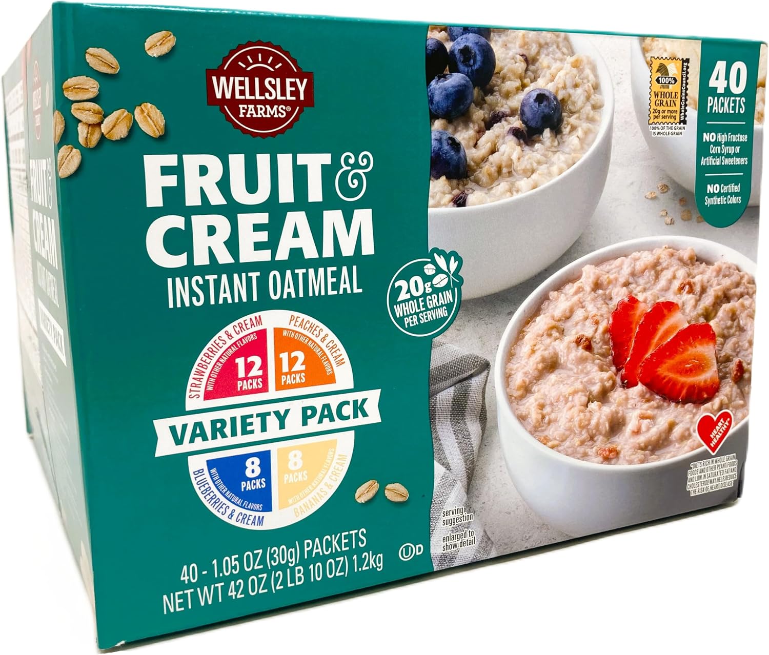Wellsley Farms Fruit And Cream Instant Oatmeal 40 Pack Variety. (8x Banana, 12x Peach, 8x Blueberry, 12x Strawberry) Heart Healthy. No High Fructose Corn Syrup or Artificial Sweeteners.