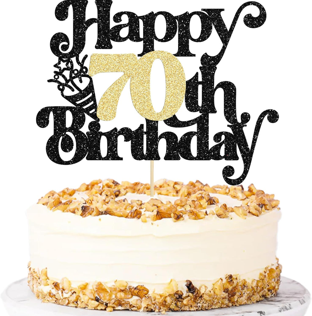 Gyufise 1Pc Happy 70th Birthday Cake Topper Glitter Happy Birthday Cake Pick Cheers to 70 Years for 70th Anniversary Wedding Party Cupcake Decorations Supplies Black Gold