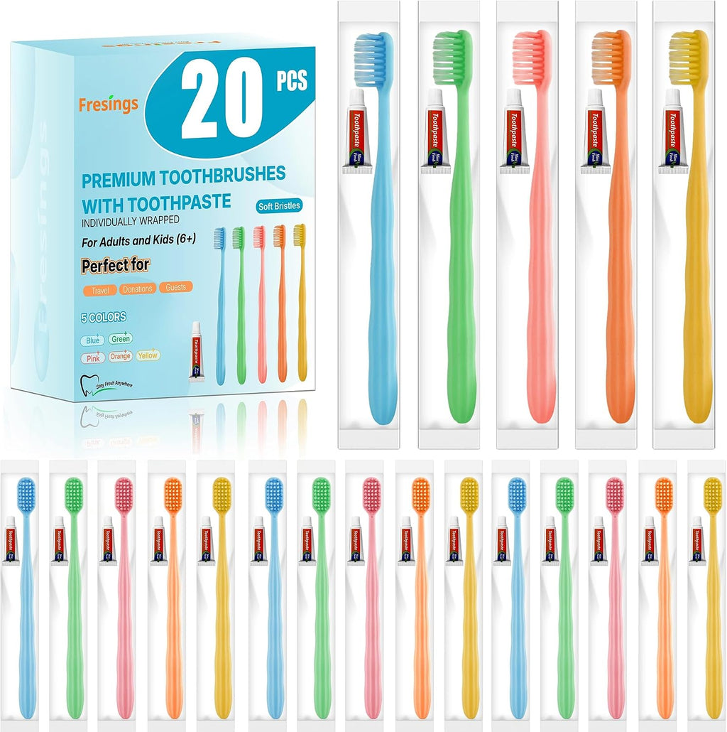 20 Pack Disposable Toothbrushes with Toothpaste, Individually Wrapped, Soft PBT Bristles, Peanut Grip Handle, Fluoride-Free, Bulk Travel Kit for Hotel, Guests, Emergency, Adults & Kids