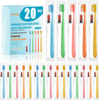 20 Pack Disposable Toothbrushes with Toothpaste, Individually Wrapped, Soft PBT Bristles, Peanut Grip Handle, Fluoride-Free, Bulk Travel Kit for Hotel, Guests, Emergency, Adults & Kids