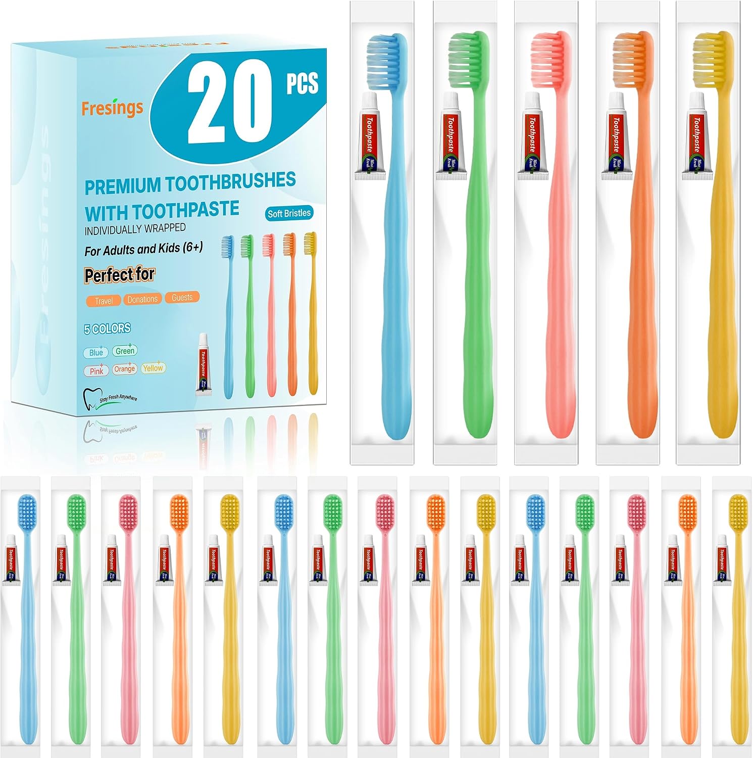 20 Pack Disposable Toothbrushes with Toothpaste, Individually Wrapped, Soft PBT Bristles, Peanut Grip Handle, Fluoride-Free, Bulk Travel Kit for Hotel, Guests, Emergency, Adults & Kids