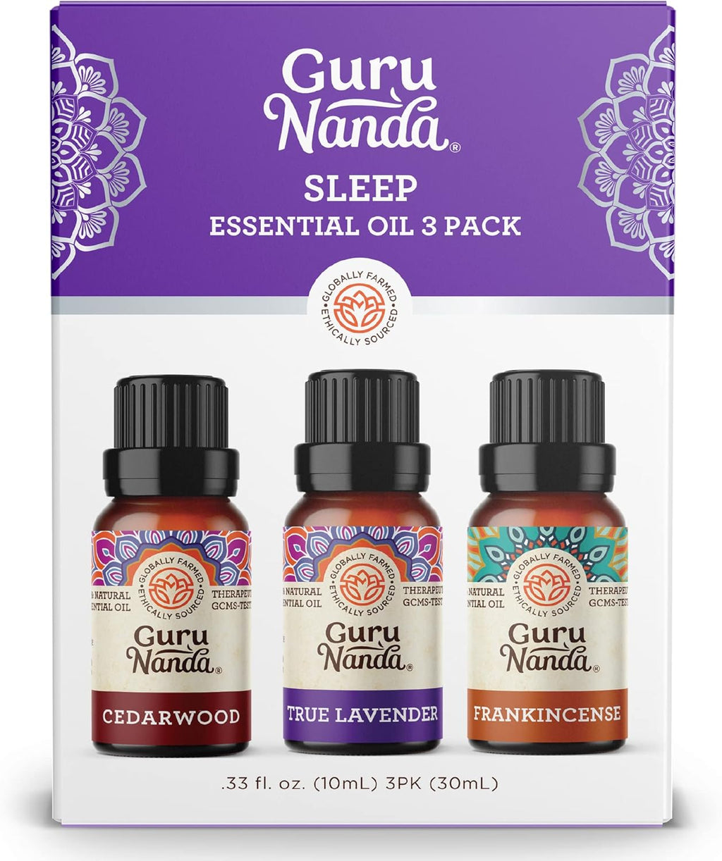 GuruNanda Sleep Essential Oil Set (Pack of 3 x 0.34 Fl Oz) - 100% Pure, Natural & Undiluted Cedarwood, Frankincense & Lavender Aromatherapy Oils for Diffuser - Perfect for Massages & DIY Recipes