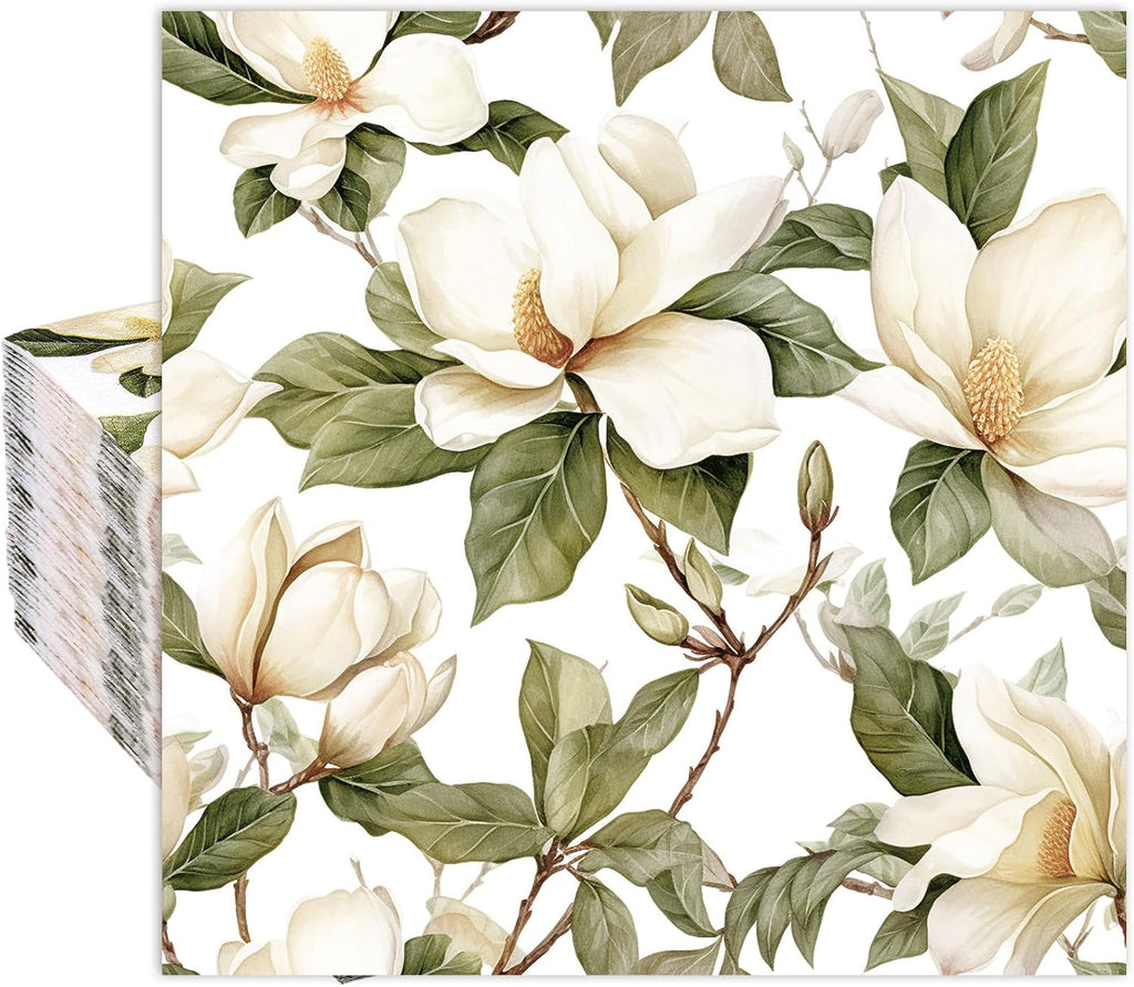 Whaline 80 Pcs Magnolia Paper Napkins White Floral Luncheon Napkin Watercolor Spring Flower Blossom Disposable Dessert Dinner Hand Napkin for Wedding Birthday Bridal Baby Shower Party Supplies