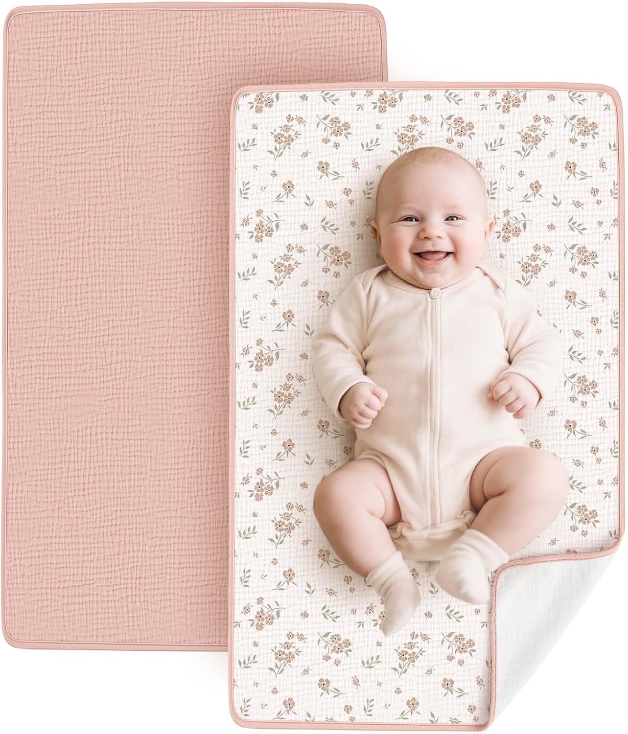 Konssy 2 Pack Waterproof Muslin Cotton Portable Changing Pad 30"x 17", Soft & Foldable Baby Changing Mat Travel Pad with Terry Backing, Shower Gift for Newborn Girls Boys (Pink,Blossom)