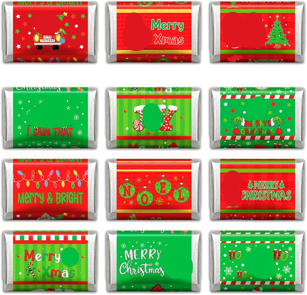 MOUNMDA 120 Pcs Christmas Candy Wrapper Stickers Xmas Candy Labels Red and Green Chocolates Bar Decoration for Christmas Party Supplies