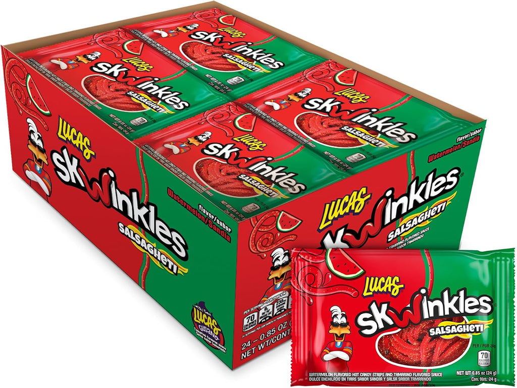 Lucas Salsagheti Watermelon Flavored Sweet & Hot Candy Strips and Tamarind Flavored Sauce, 0.84 oz - 12 Pieces Pack for Treats, Snack, Parties, Piñatas – Sweet