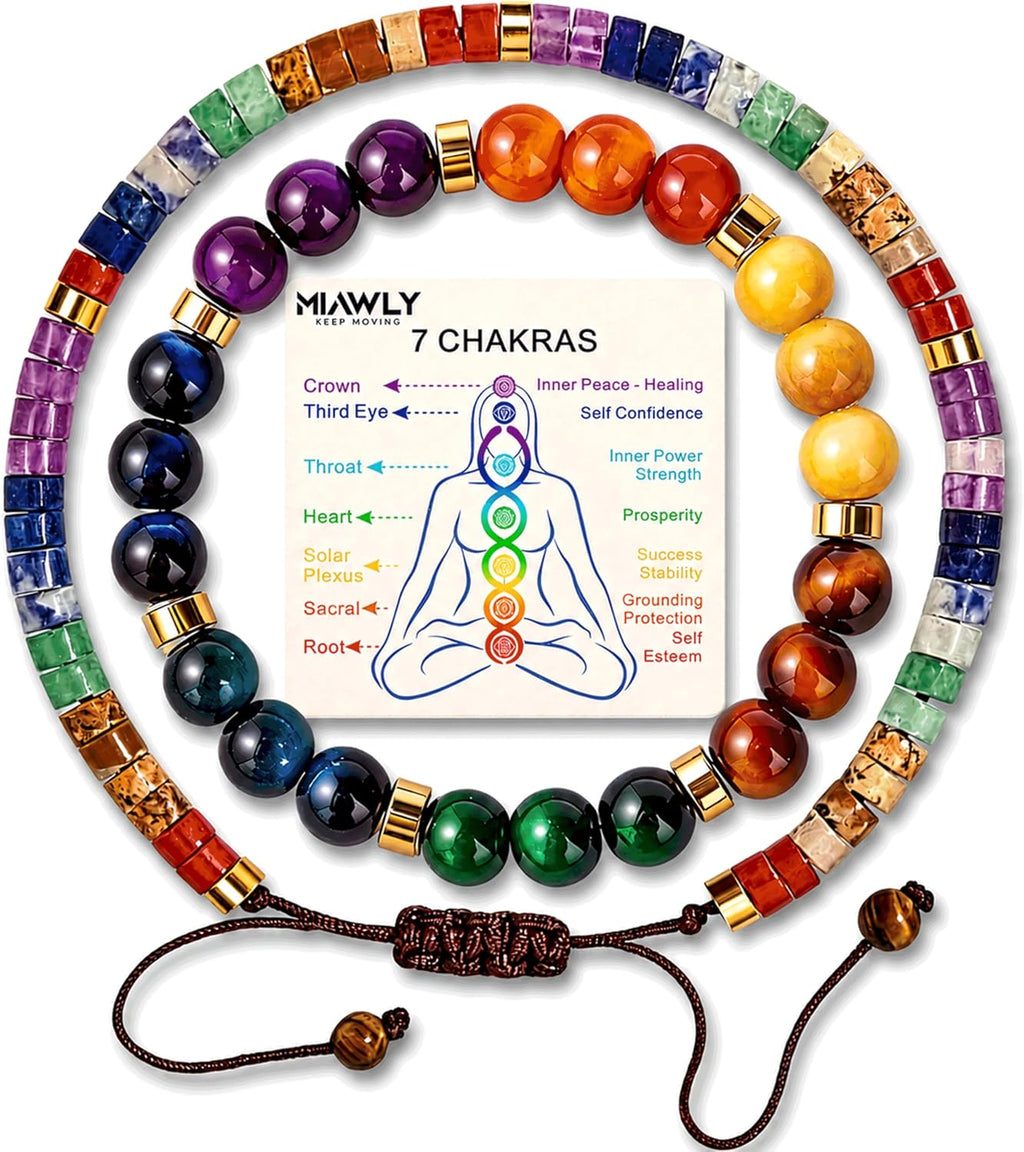 7 Chakra Bracelet for Men & Women – Handcrafted Healing Natural Stone Bracelets, Get Well Soon Energy Protection Spiritual Jewelry, Adjustable Calming Bracelet for Stress, Yoga & Meditation Gifts