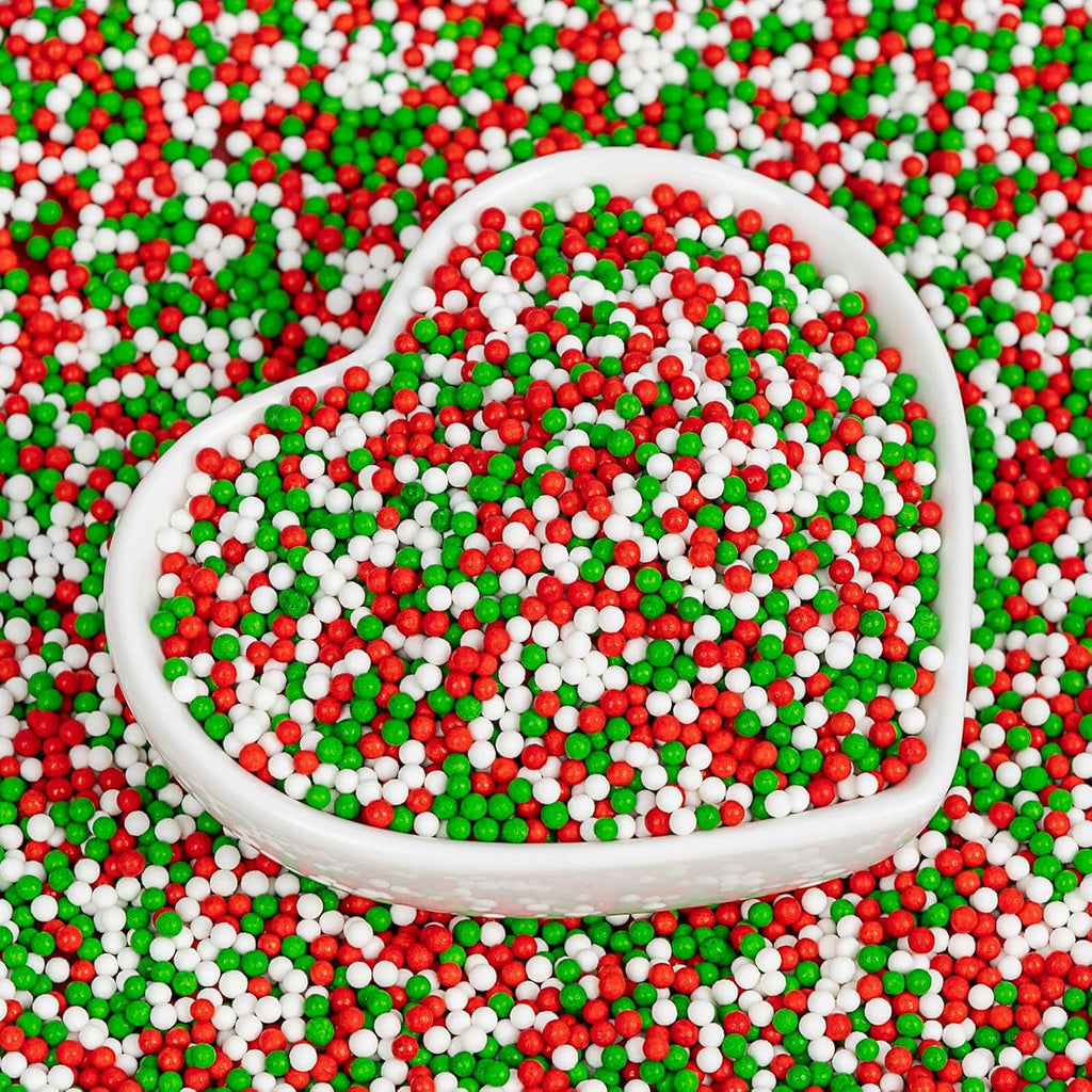 Christmas Nonpareils Sprinkles for Cake Decorating,130g White Red and Green Mini Pearls Mix,Edible Sugar Holiday sprinkle for Cupcake Toppers, Cookie, Ice Cream Decorations Christmas Party Supplies