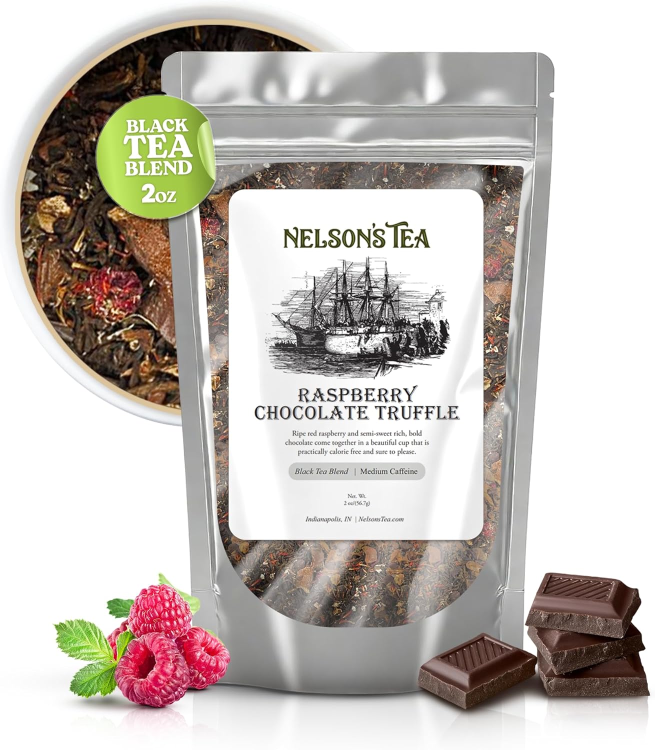 Nelson's Tea Raspberry Chocolate Truffle - Loose Leaf Black Tea with Raspberry Leaf, Rooibos, Truffle Essence, Carob Beans, Hibiscus & Chocolate Chips, Infused with Natural Flavors - 2 oz.