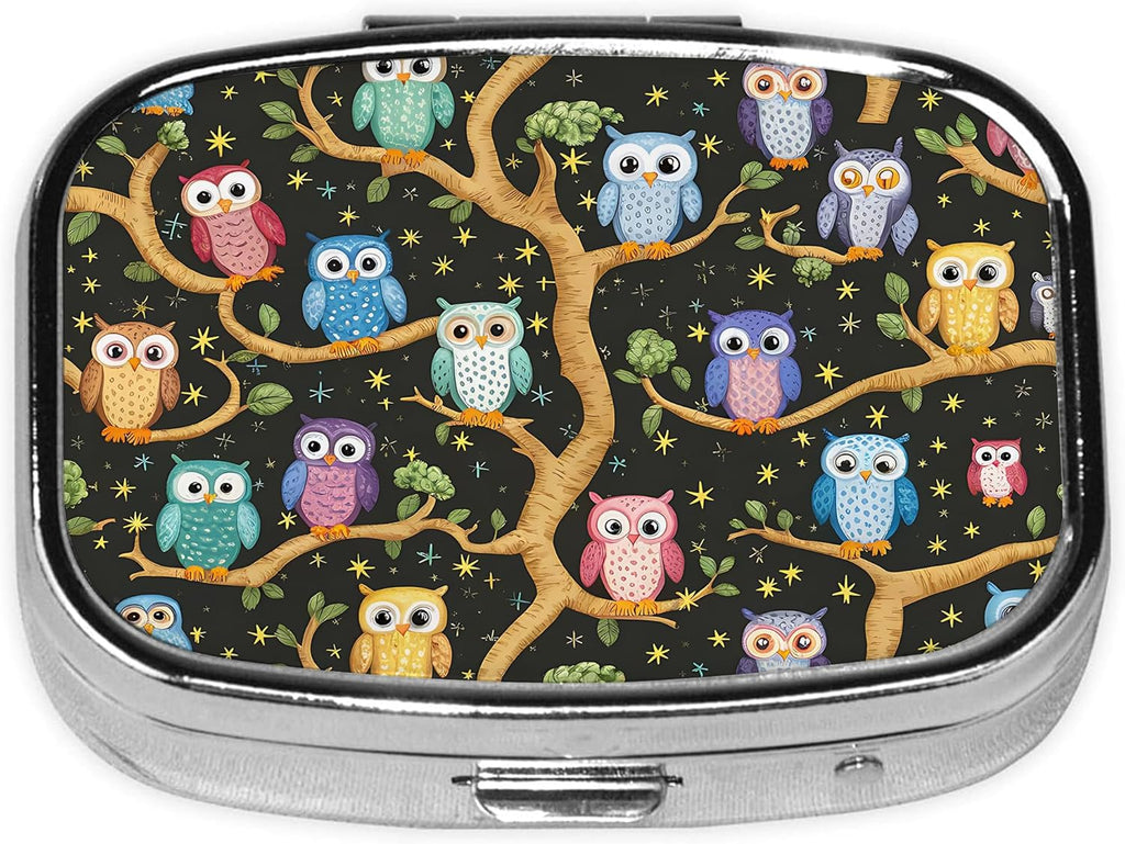 Pill Box-2 Compartment Small Pill Case Square Organizer Case with Mirror Portable Metal Medicine Box Travel Container for Pocket & Purse Women Men(Owl)