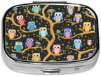 Pill Box-2 Compartment Small Pill Case Square Organizer Case with Mirror Portable Metal Medicine Box Travel Container for Pocket & Purse Women Men(Owl)