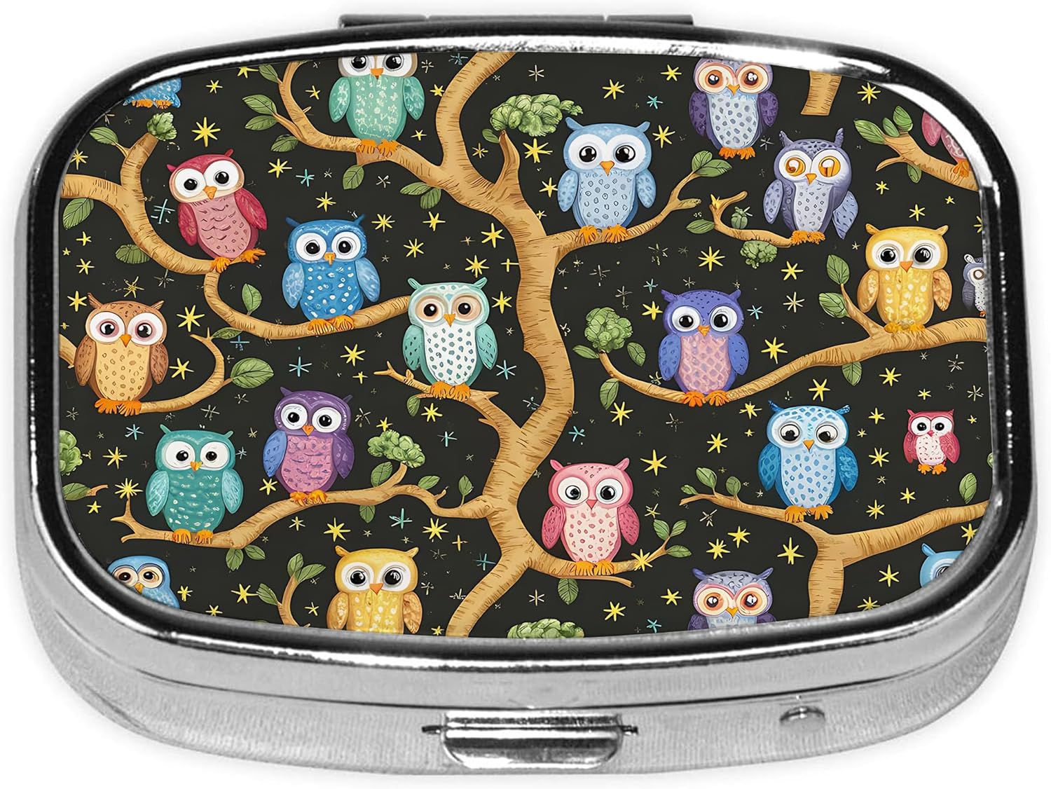 Pill Box-2 Compartment Small Pill Case Square Organizer Case with Mirror Portable Metal Medicine Box Travel Container for Pocket & Purse Women Men(Owl)