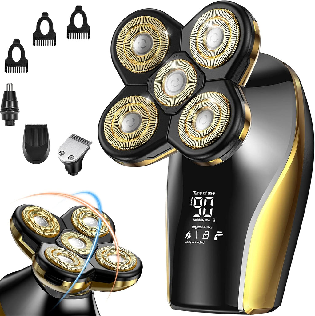 Head Shavers for Bald Men, Waterproof Electric Razor, Wet and Dry Electric Shaver Kit, 5D Bald Head Shaver with LED Display Grooming Kits (Gold)
