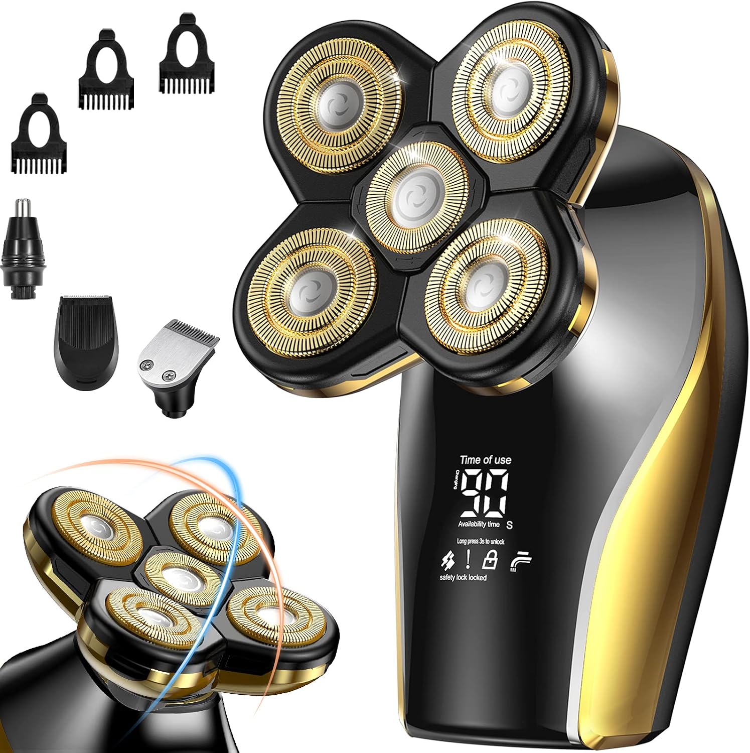 Head Shavers for Bald Men, Waterproof Electric Razor, Wet and Dry Electric Shaver Kit, 5D Bald Head Shaver with LED Display Grooming Kits (Gold)
