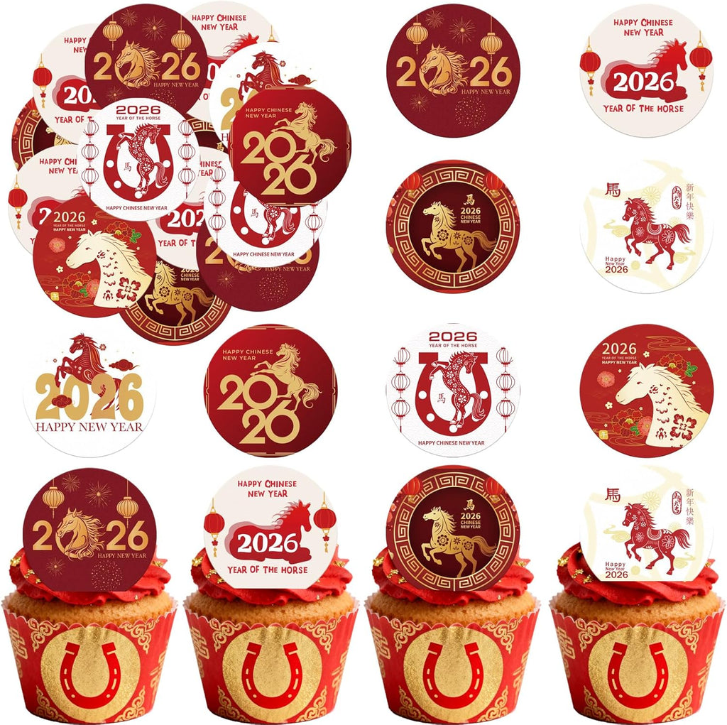 36PCS Edible 2026 Chinese Horse Year Cupcake Toppers Wafer Paper Chinese Happy New Year Cupcake Picks Horse Cupcake Toppers for 2026 Theme Party Decor Supplies
