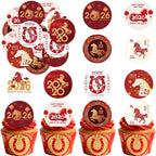 36PCS Edible 2026 Chinese Horse Year Cupcake Toppers Wafer Paper Chinese Happy New Year Cupcake Picks Horse Cupcake Toppers for 2026 Theme Party Decor Supplies