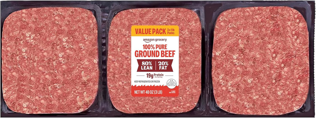 Amazon Grocery, Ground Beef, 80% Lean/20% Fat, 3 lb (Pack of 3)