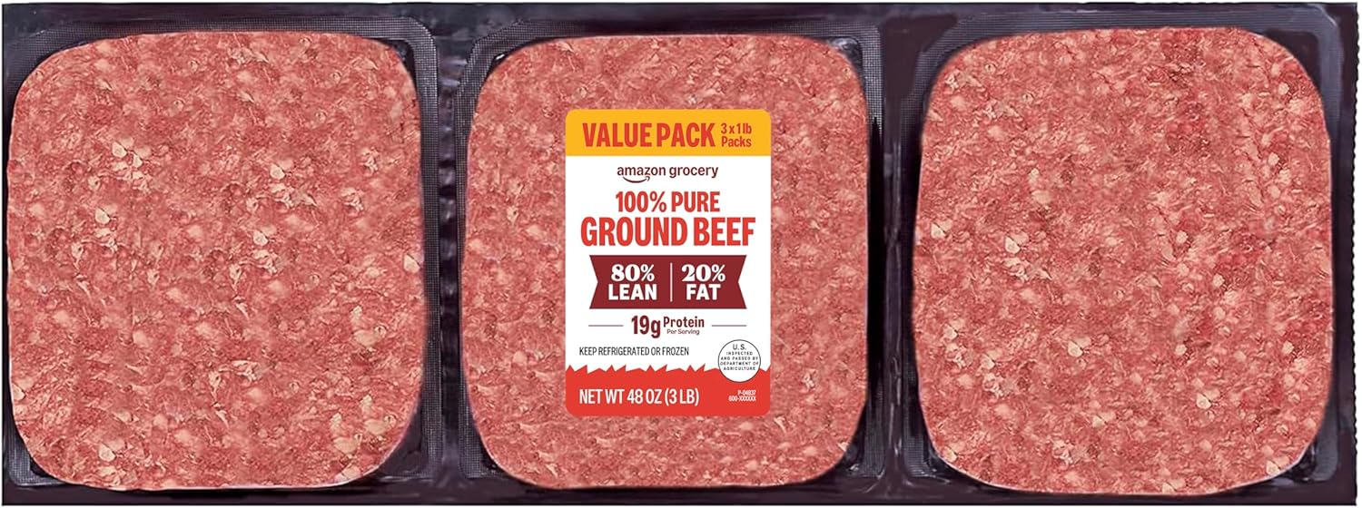 Amazon Grocery, Ground Beef, 80% Lean/20% Fat, 3 lb (Pack of 3)