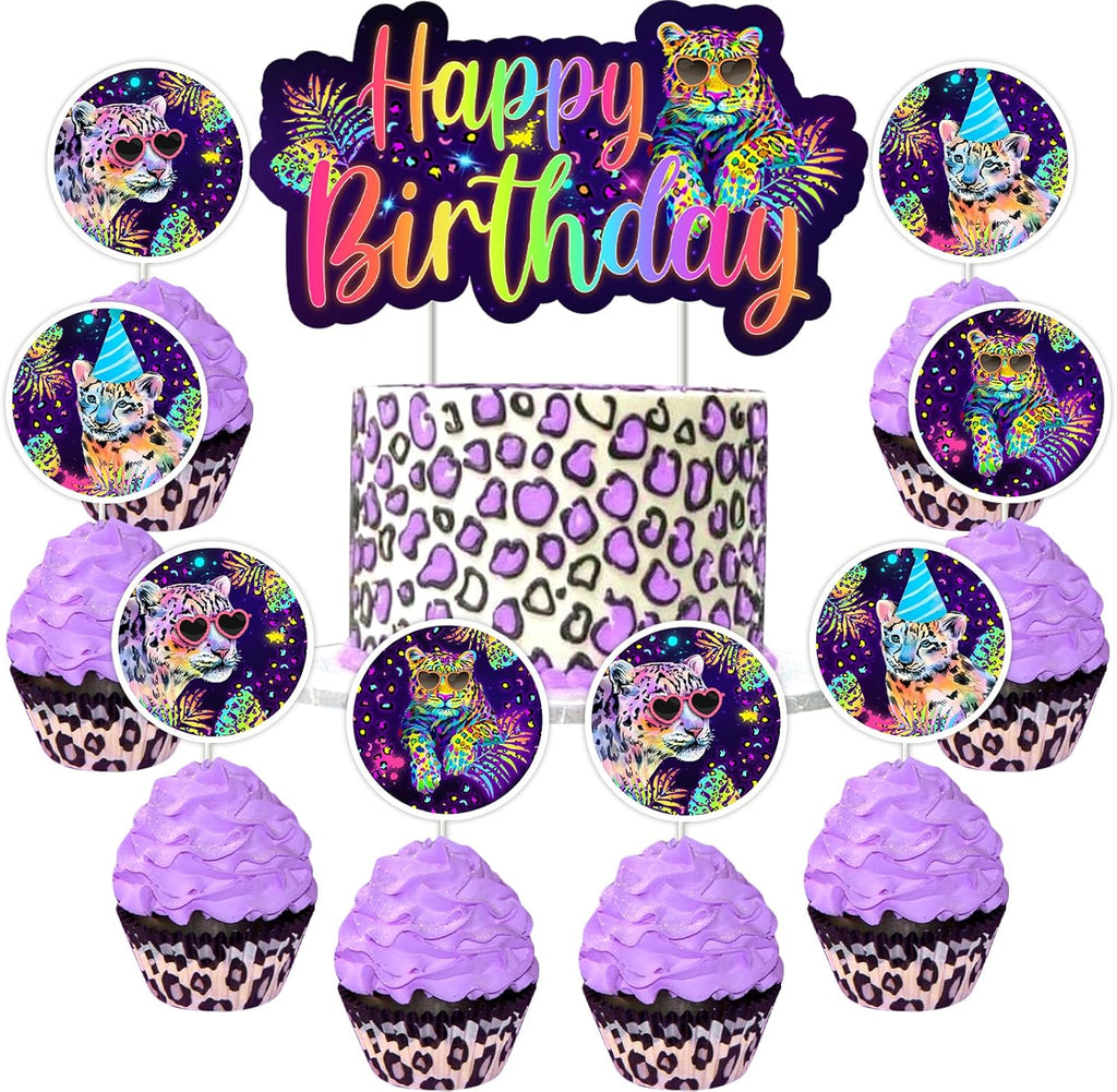 Cheereveal Rainbow Cheetah Cake Cupcake Toppers for Boys Girls - Leopard Print Cake Cupcake Picks, Jungle Safari Animal Birthday Party Decorations