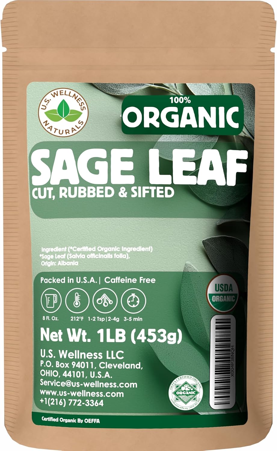 U.S. Wellness Naturals Organic Sage Leaf, 1 Pound, Cut and Sifted Loose Leaf Tea and Seasoning, Albanian Origin