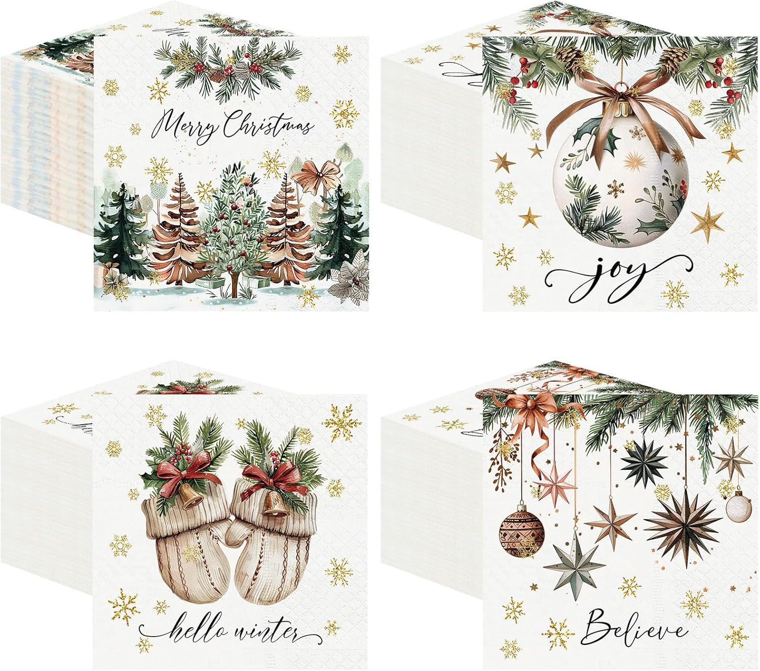 Fulmoon Christmas Cocktail Paper Napkins Disposable 2 Ply Santa Beverage Napkins Decoupage Xmas Tree Towel for Christmas Party Dinner Table Supplies(200 Pcs,Elegant Style)