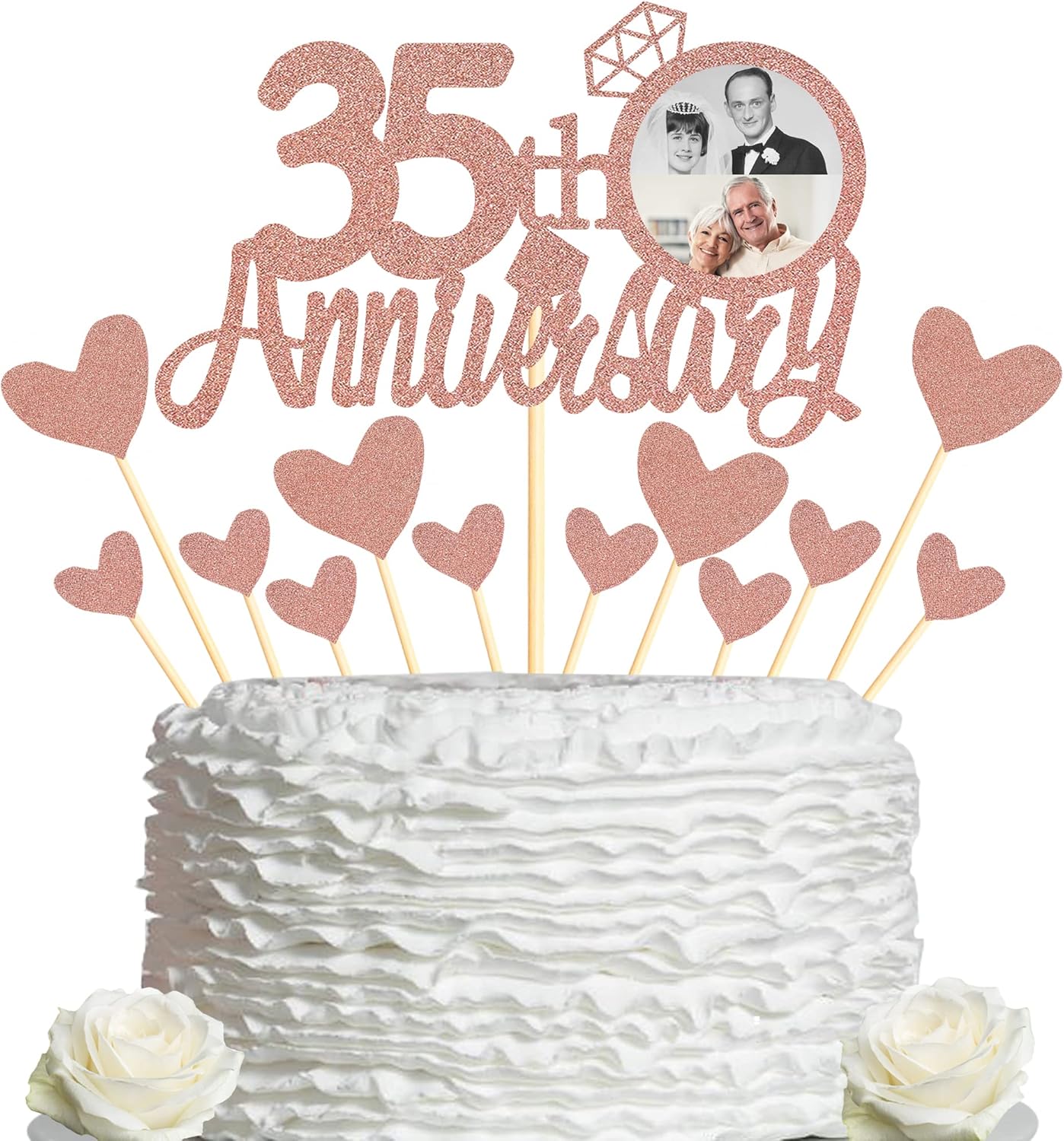 Sumerk 35th Anniversary Cake Topper,13PCS Rose Gold Glitter Cake Toppers Cake Decorations Set for 35th Wedding Anniversary Celebration Party