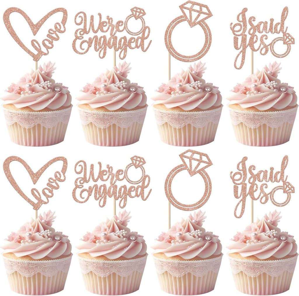 Rsstarxi 24 Pack We're Engaged Cupcake Toppers Glitter Diamond Ring Love Sweet Heart Cupcake Picks She Said Yes Cake Decorations for Wedding Engagement Bridal Shower Party Supplies Rose Gold