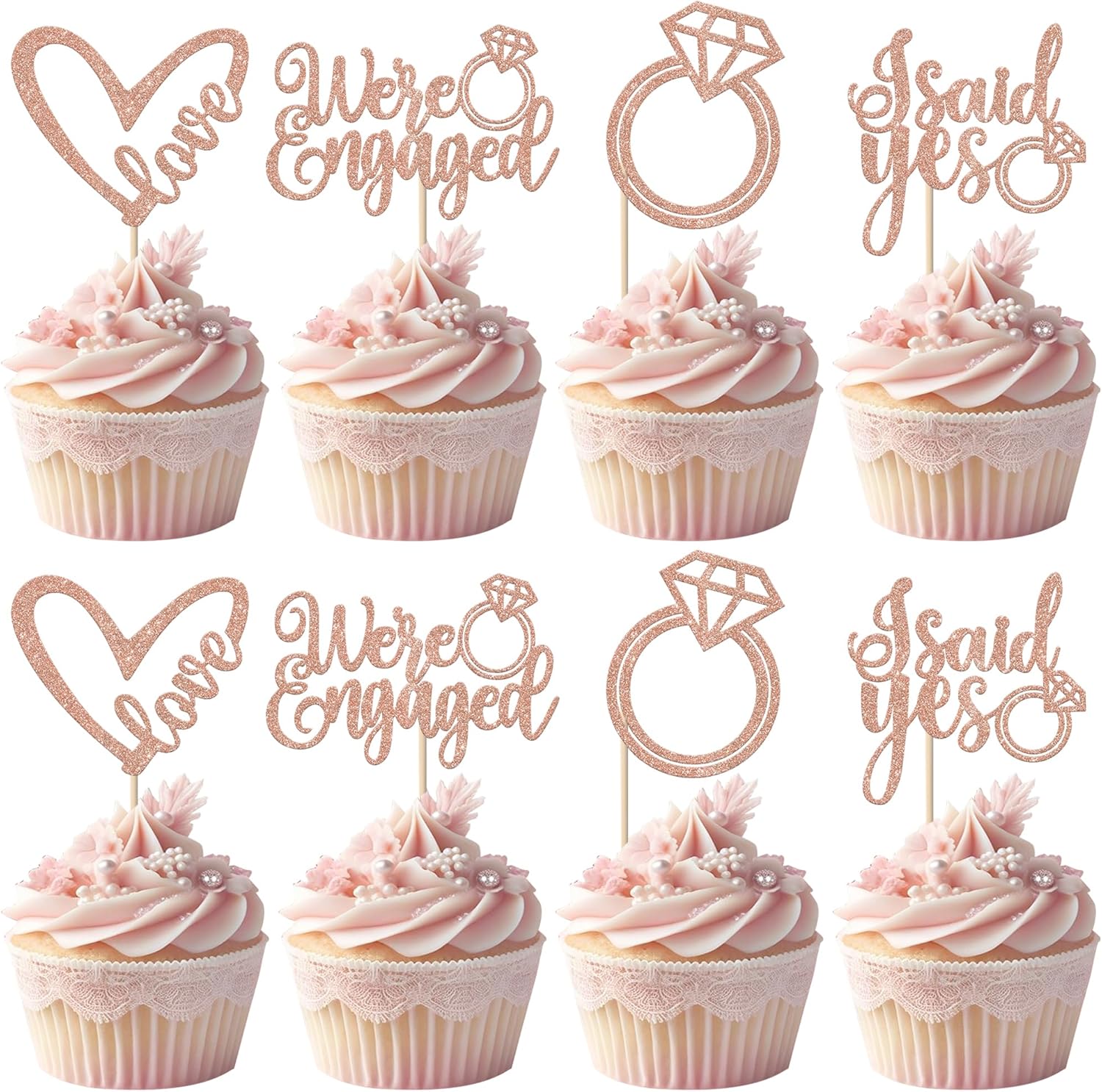 Rsstarxi 24 Pack We're Engaged Cupcake Toppers Glitter Diamond Ring Love Sweet Heart Cupcake Picks She Said Yes Cake Decorations for Wedding Engagement Bridal Shower Party Supplies Rose Gold