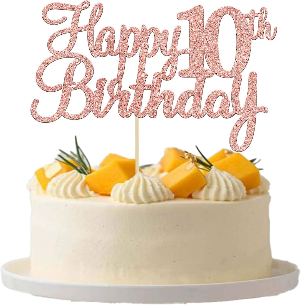Gyufise 1Pc Happy 10th Birthday Cake Topper Glitter 10th Birthday Cake Pick Cheers to 10 Years Old Ten Fabulous Cake Decorations for 10th Birthday Theme Party Supplies Rose Gold