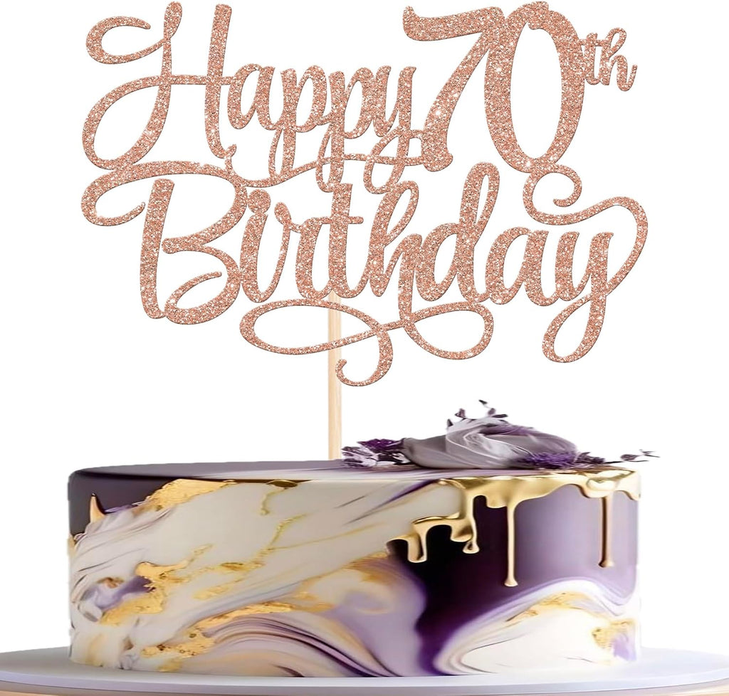 Rsstarxi 1 Pack Happy 70th Birthday Cake Topper Glitter Cheers to 70 Years Old Cake Pick 70th Birthday Party Decorations for Men Women 70th Anniversary Cake Decors Supplies Rose Gold