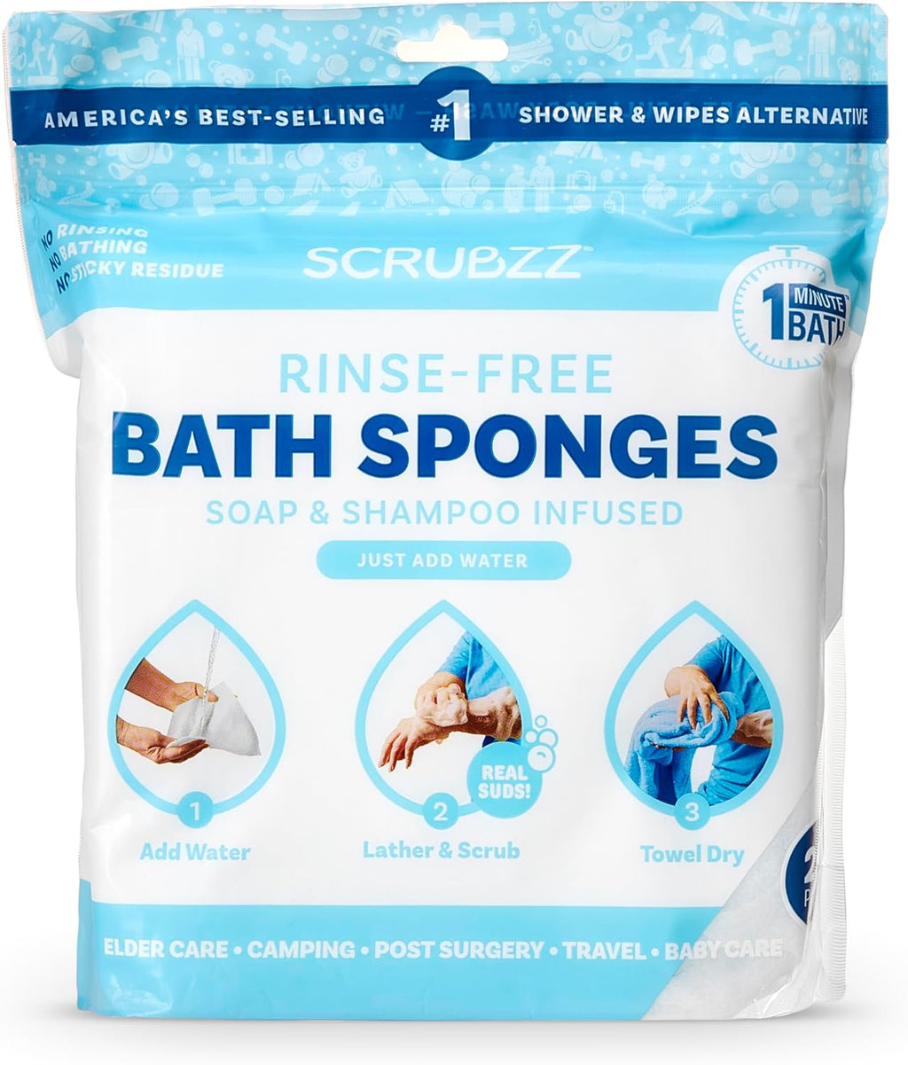 Scrubzz Disposable Rinse Free Bathing Wipes - 25 Pack - All-in-1 Single Use Shower Wipes, Simply Dampen, Lather, and Dry Without Shampoo or Rinsing