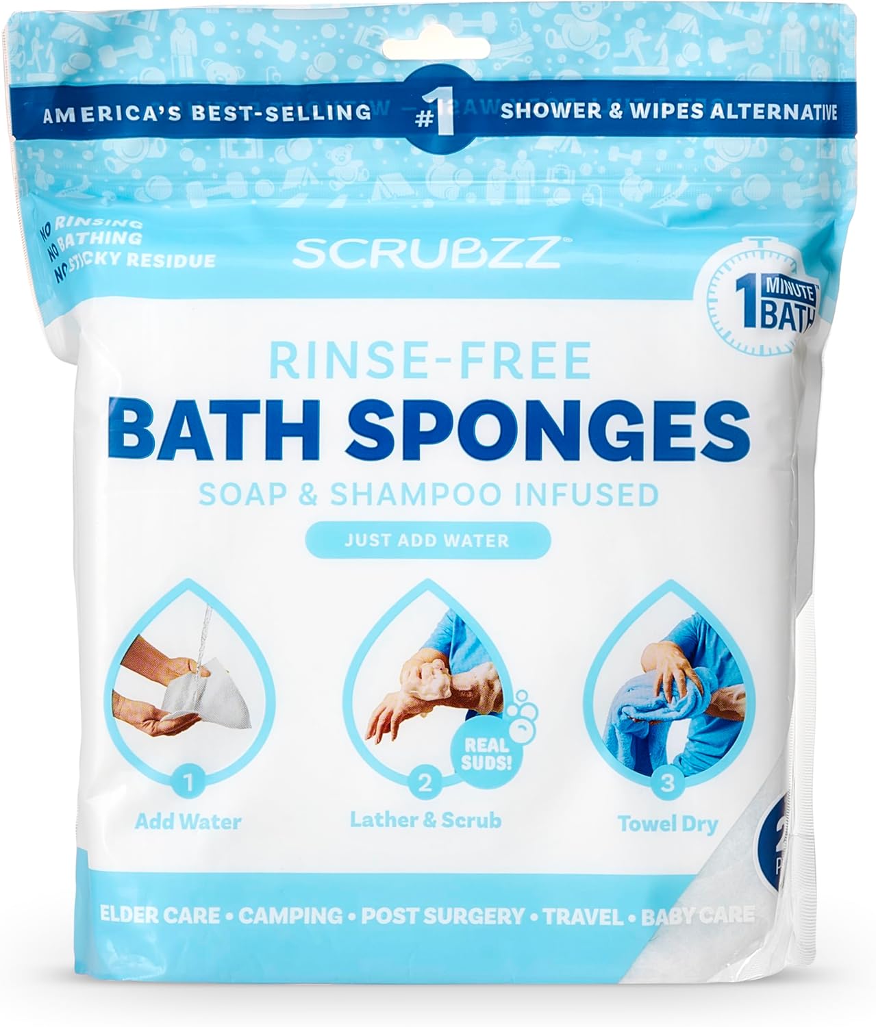 Scrubzz Disposable Rinse Free Bathing Wipes - 25 Pack - All-in-1 Single Use Shower Wipes, Simply Dampen, Lather, and Dry Without Shampoo or Rinsing