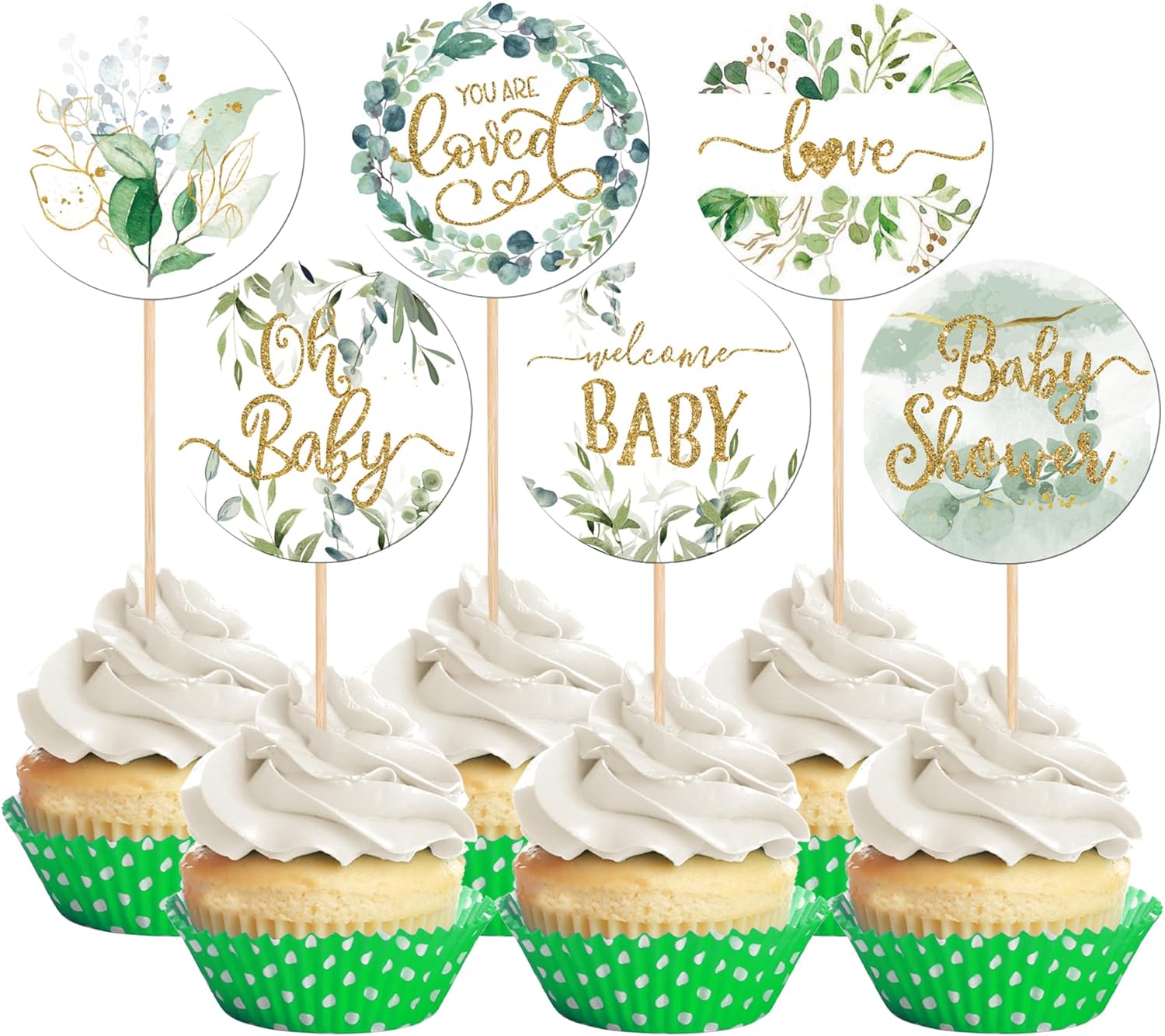 36 PCS Baby Shower Cupcake Toppers Woodland Jungle Leaf Love Welcome Baby Cupcake Picks Oh Baby Cake Decorations for Gender Reveal Baby Shower Theme Kids Boys Girls Birthday Party Supplies