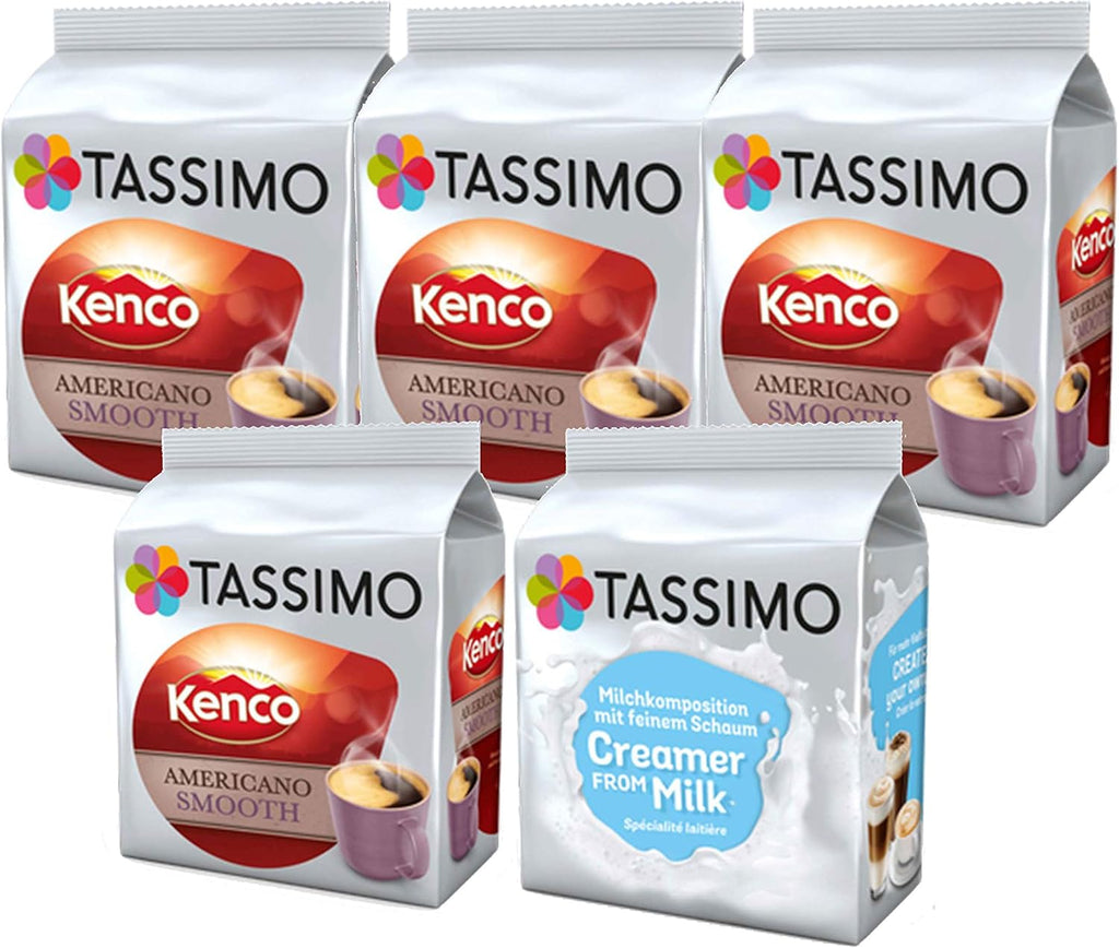 Tassimo Kenco Bundle - Milk Creamer/Kenco Americano Coffee Pods - 5 Packs (64 Drinks)
