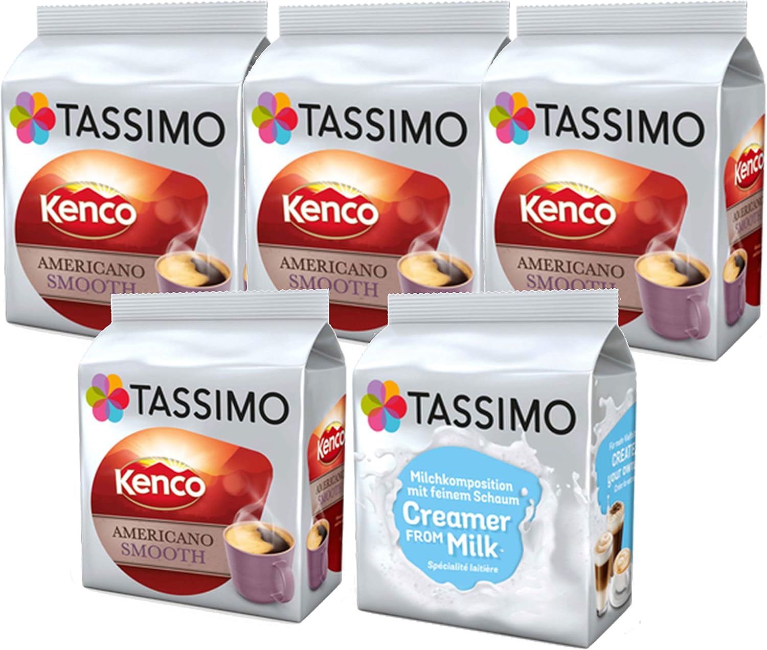 Tassimo Kenco Bundle - Milk Creamer/Kenco Americano Coffee Pods - 5 Packs (64 Drinks)