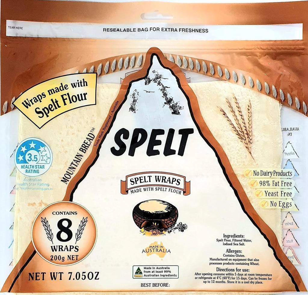 Mountain Bread Spelt Wraps 3 Simple Ingredients Wheat Free Option (Contains Gluten) Paper-Thin Flatbread 3 Pack (24 Wraps) 70 Calories per Wrap