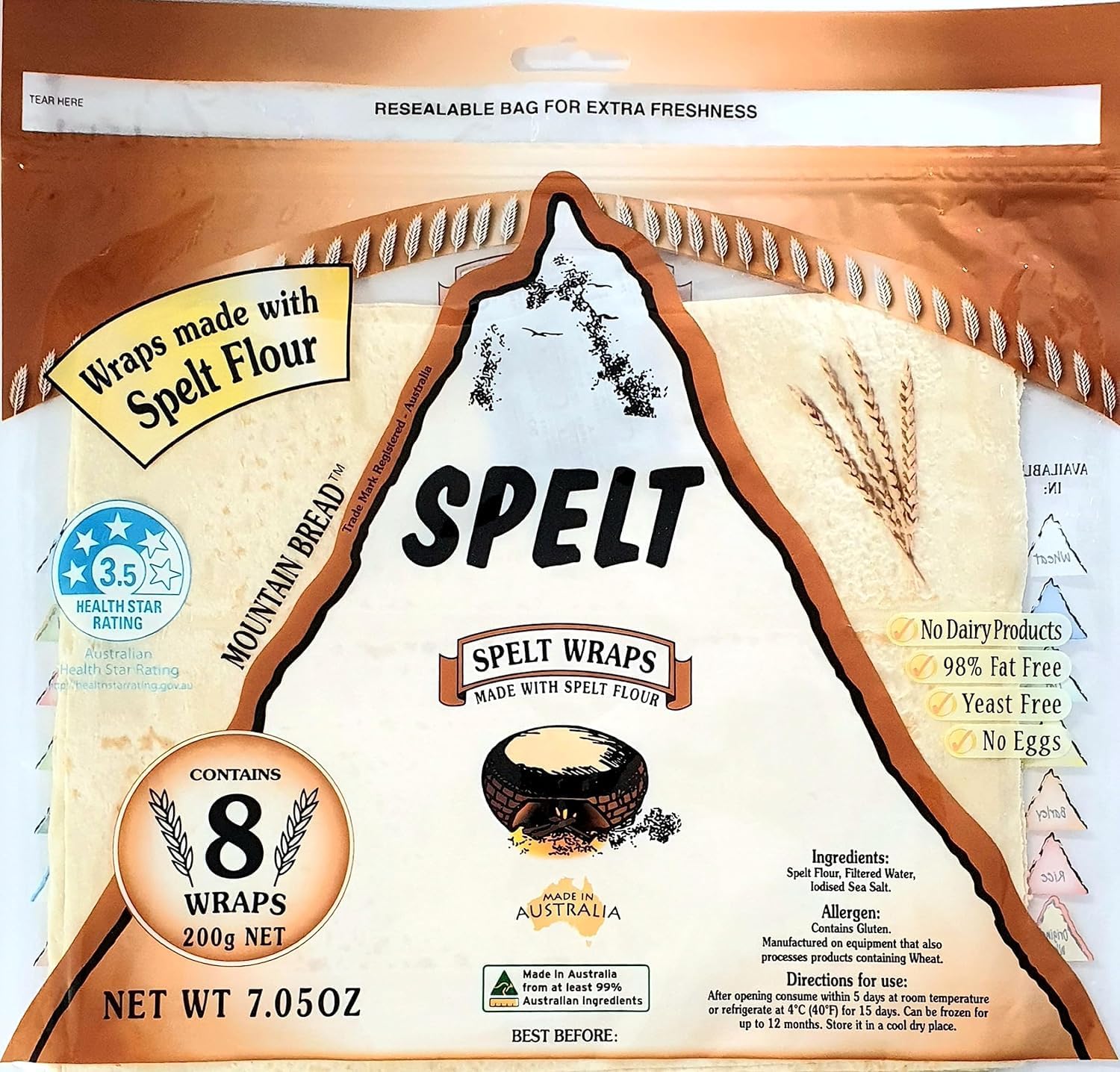 Mountain Bread Spelt Wraps 3 Simple Ingredients Wheat Free Option (Contains Gluten) Paper-Thin Flatbread 3 Pack (24 Wraps) 70 Calories per Wrap