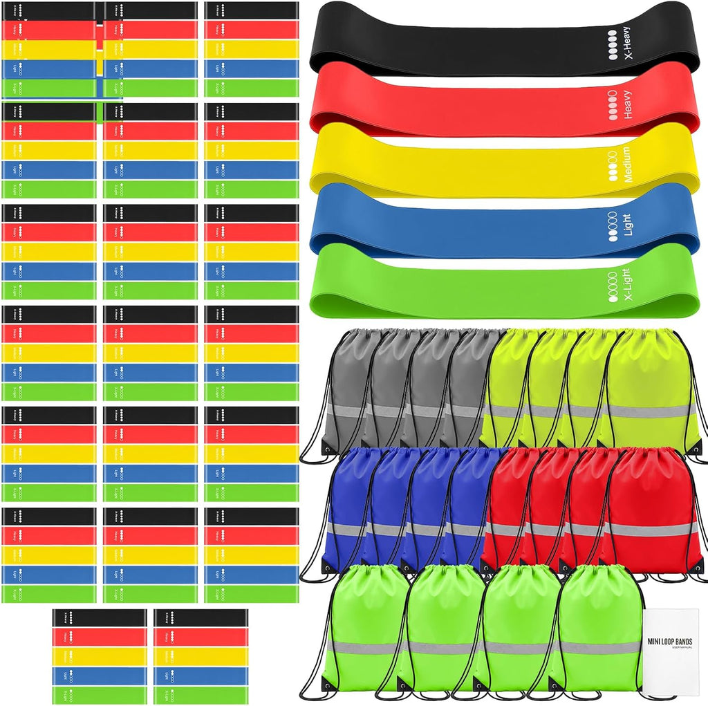 Sratte 120 Pcs Workout Loop Resistance Bands Bulk, Gym Elastic Bands Set for Fitness Sport Class Students Members Gift Physical, 5 Pieces Each Set, with Large Drawstring Backpack Bags