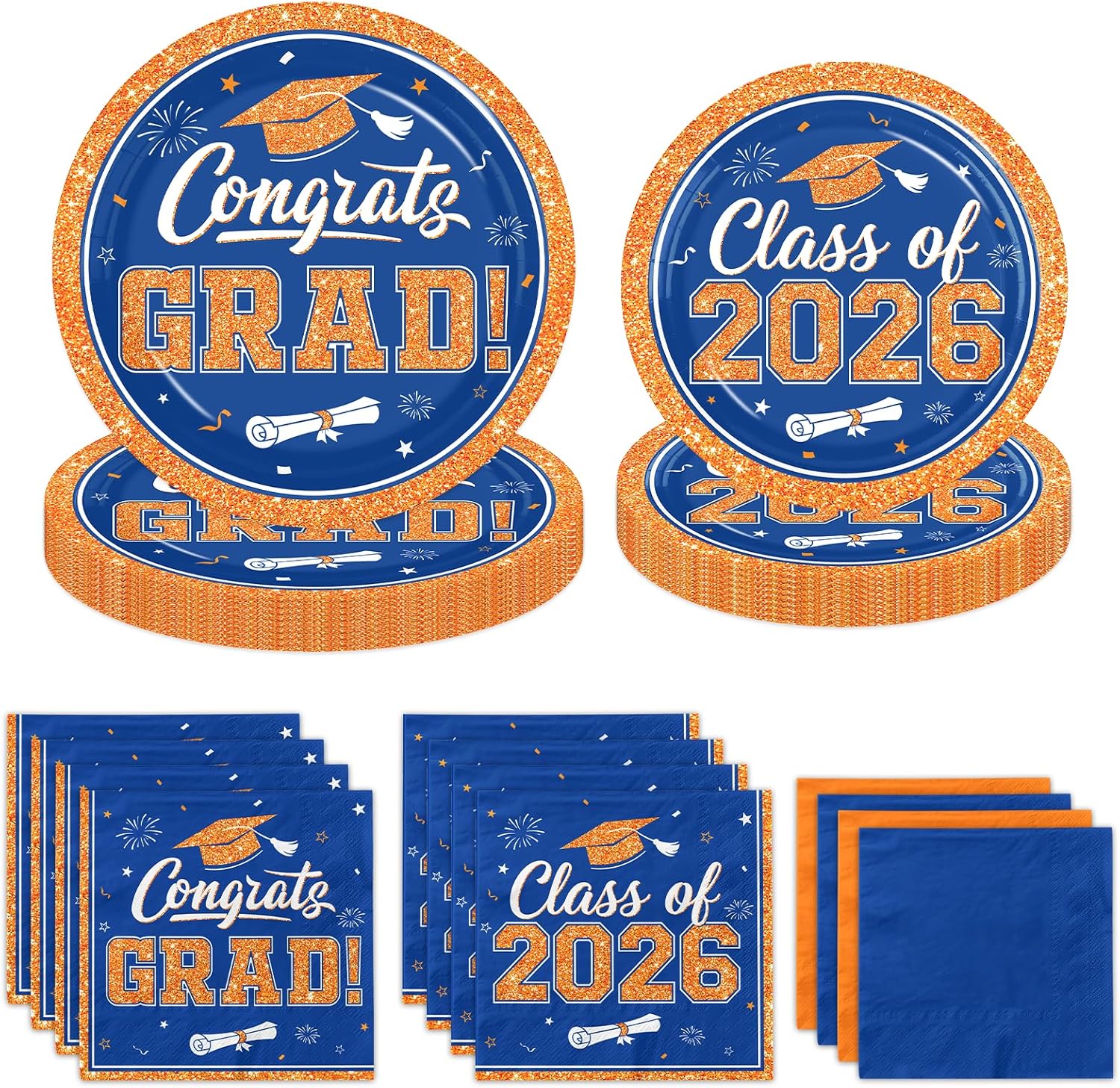 Graduation Plates and Napkins 2026,200pcs Orange and Blue Graduation Decorations 2026 Disposable Congrats Grad Paper Plates for Class Of 2026 Party Supplies,Serve 50