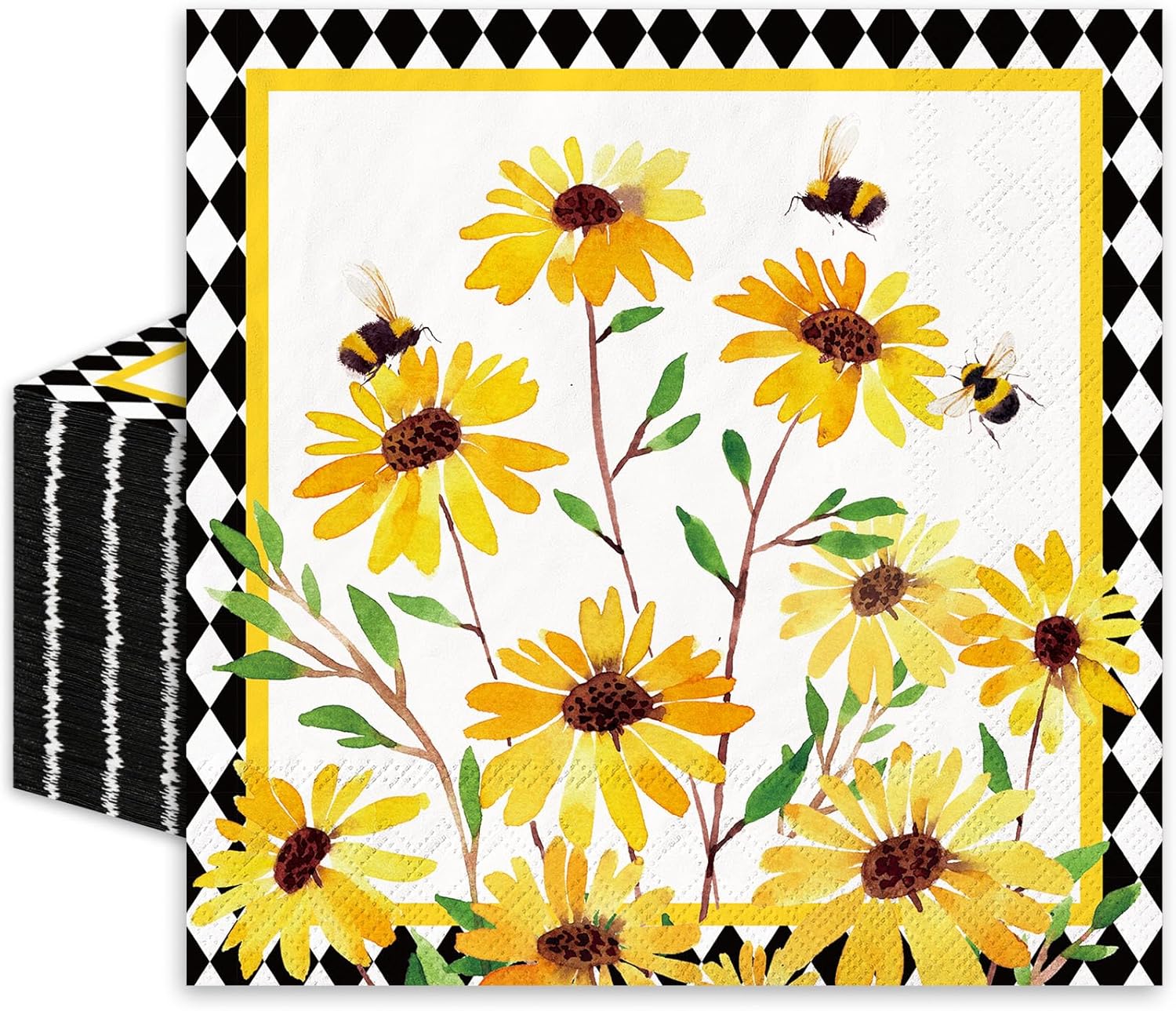JarThenaAMCS 80 Pcs Sunflower Luncheon Napkins Floral Bee Disposable Paper Napkin Decorative Diamond Check Dessert Dinner Hand Napkin for Summer Party Supplies Decor